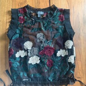 Gracia Black Sheer Floral Embroidered Camisole with Red and Cream Accents
